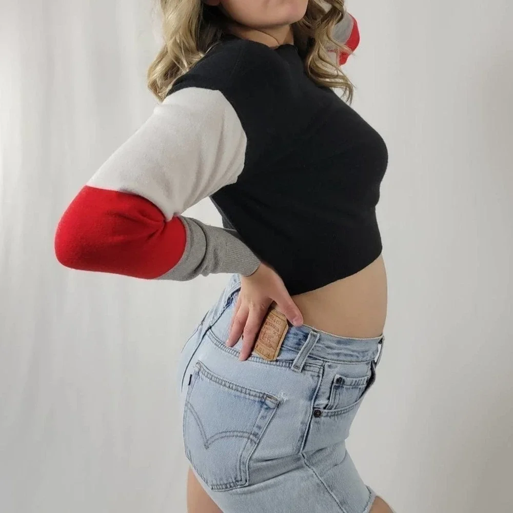 Striped Colorblock Crop Pullover Sweatshirt - S